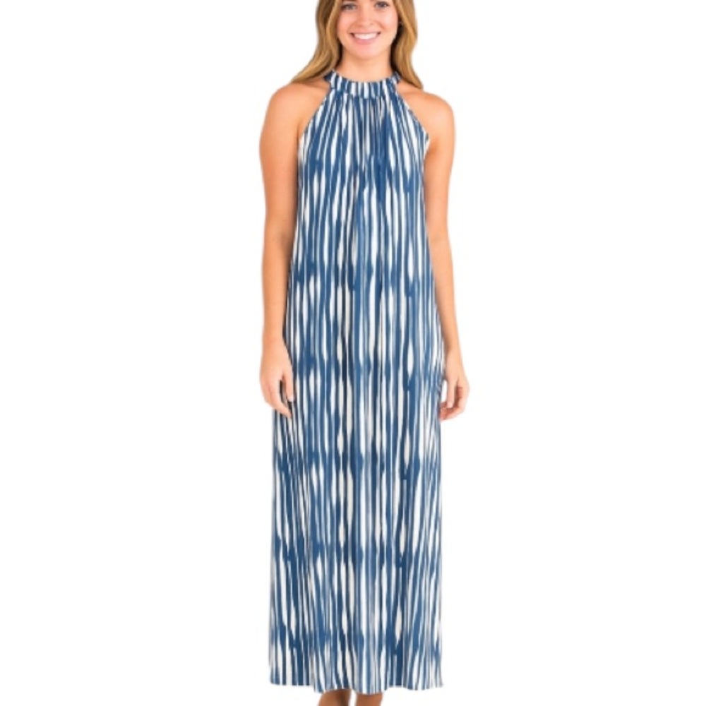Omi Jo | Blue & White Maxi Dress Sleevess Keyhole Back 9/10 Soft Knit Beachy